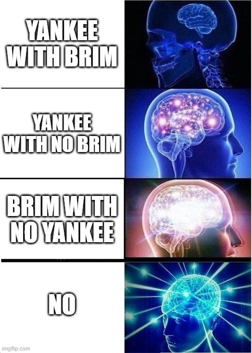 Yankee with no brim | YANKEE WITH BRIM; YANKEE WITH NO BRIM; BRIM WITH NO YANKEE; NO | image tagged in memes,expanding brain | made w/ Imgflip meme maker