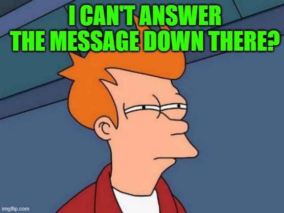 Futurama Fry Meme | I CAN'T ANSWER THE MESSAGE DOWN THERE? | image tagged in memes,futurama fry | made w/ Imgflip meme maker