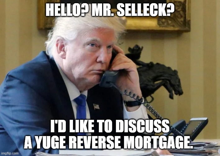 mortgage | HELLO? MR. SELLECK? I'D LIKE TO DISCUSS A YUGE REVERSE MORTGAGE. | image tagged in trump,debt,mortgage | made w/ Imgflip meme maker