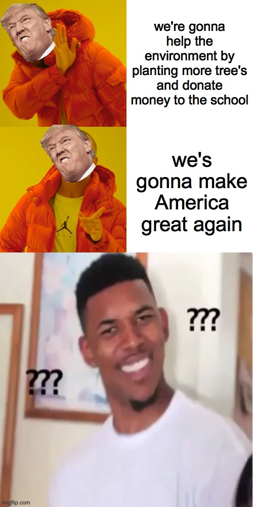 we're gonna help the environment by planting more tree's and donate money to the school; we's gonna make America great again | image tagged in memes,drake hotline bling | made w/ Imgflip meme maker
