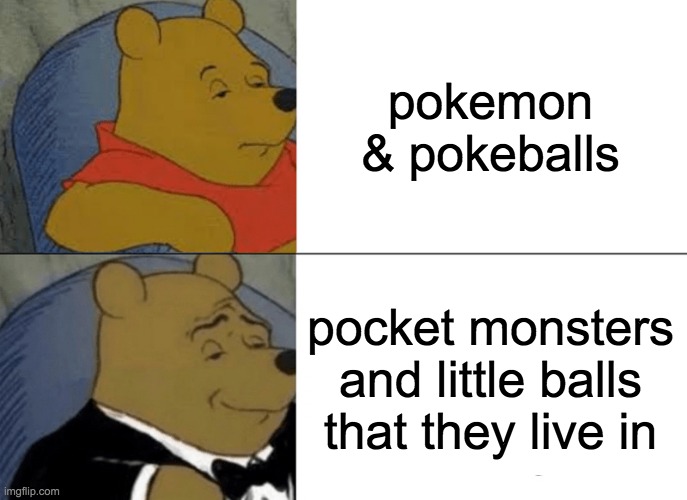 Pokemon | pokemon & pokeballs; pocket monsters and little balls that they live in | image tagged in memes,tuxedo winnie the pooh | made w/ Imgflip meme maker