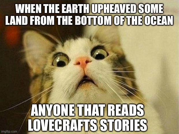 Oh sh*t guys, we don’t even have a hellboy, doooommmmmed!!! Lol | WHEN THE EARTH UPHEAVED SOME LAND FROM THE BOTTOM OF THE OCEAN; ANYONE THAT READS LOVECRAFTS STORIES | image tagged in memes,scared cat | made w/ Imgflip meme maker