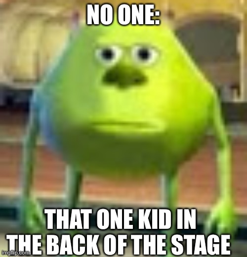Sully Wazowski | NO ONE:; THAT ONE KID IN THE BACK OF THE STAGE | image tagged in sully wazowski | made w/ Imgflip meme maker