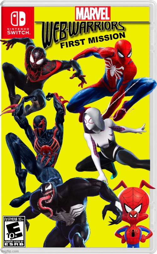 Spider-verse team-up! | FIRST MISSION | image tagged in nintendo switch cartridge case,spider-man,marvel,marvel comics | made w/ Imgflip meme maker