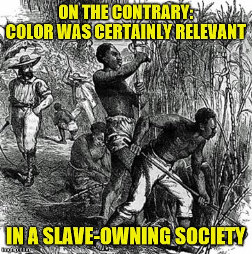 When they insist on "not seeing color" even going all the way back to 1775. | ON THE CONTRARY: COLOR WAS CERTAINLY RELEVANT IN A SLAVE-OWNING SOCIETY | image tagged in plantation slaves,american revolution,racism,slavery,conservative logic,racists | made w/ Imgflip meme maker