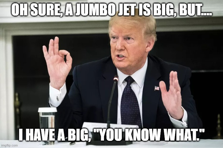 TrumpSize | OH SURE, A JUMBO JET IS BIG, BUT.... I HAVE A BIG, "YOU KNOW WHAT." | image tagged in trumpsize | made w/ Imgflip meme maker