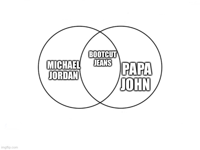 Bootcut jeans | PAPA JOHN; MICHAEL JORDAN; BOOTCUT JEANS | image tagged in venn diagram | made w/ Imgflip meme maker
