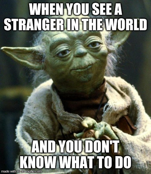 a total stranger... | WHEN YOU SEE A STRANGER IN THE WORLD; AND YOU DON'T KNOW WHAT TO DO | image tagged in memes,star wars yoda | made w/ Imgflip meme maker