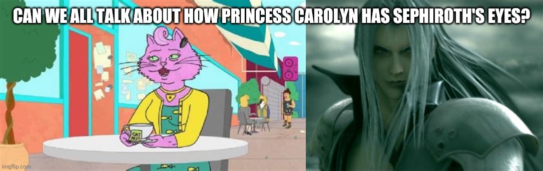 2 anime characters with green eyes | CAN WE ALL TALK ABOUT HOW PRINCESS CAROLYN HAS SEPHIROTH'S EYES? | image tagged in sephiroth,final fantasy,final fantasy 7,memes | made w/ Imgflip meme maker