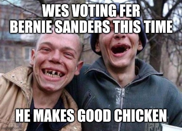 Ugly Twins | WES VOTING FER BERNIE SANDERS THIS TIME; HE MAKES GOOD CHICKEN | image tagged in memes,ugly twins | made w/ Imgflip meme maker