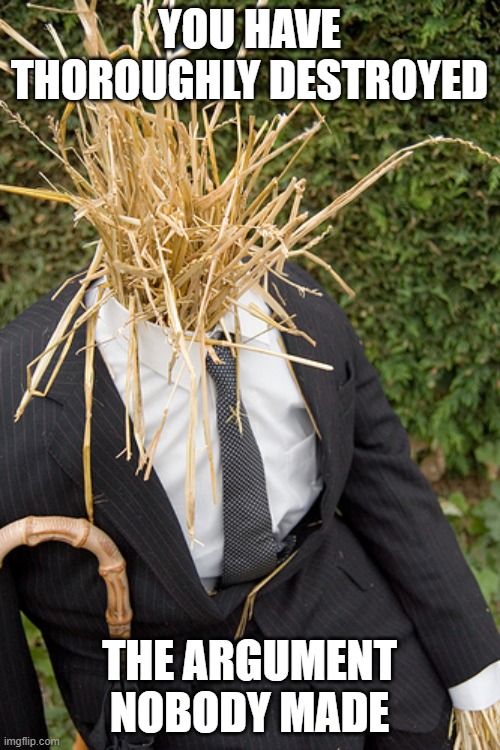 Straw Man | YOU HAVE THOROUGHLY DESTROYED THE ARGUMENT NOBODY MADE | image tagged in straw man | made w/ Imgflip meme maker