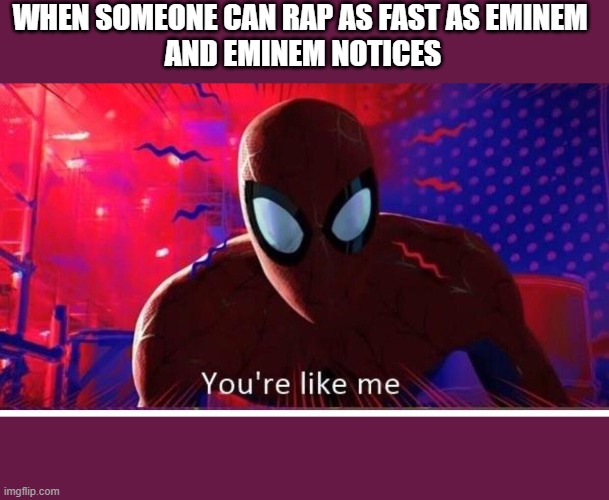 You're like me | WHEN SOMEONE CAN RAP AS FAST AS EMINEM 
AND EMINEM NOTICES | image tagged in spiderman | made w/ Imgflip meme maker