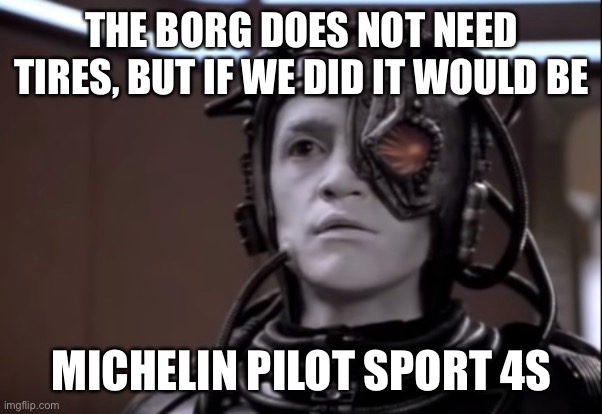 Borg likes Michelin Pilot 4S | THE BORG DOES NOT NEED TIRES, BUT IF WE DID IT WOULD BE; MICHELIN PILOT SPORT 4S | image tagged in michelin,pilot | made w/ Imgflip meme maker