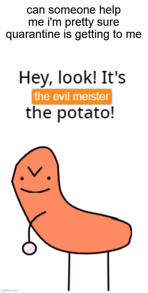 the evil meister | can someone help me i'm pretty sure quarantine is getting to me | image tagged in potato | made w/ Imgflip meme maker