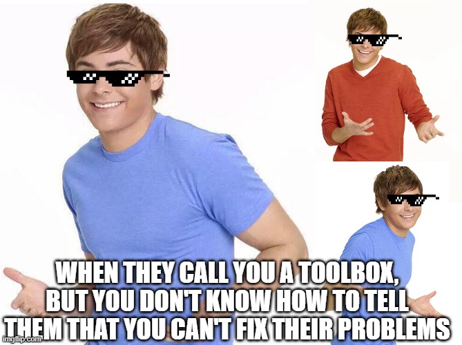 Zac Efron | WHEN THEY CALL YOU A TOOLBOX, BUT YOU DON'T KNOW HOW TO TELL THEM THAT YOU CAN'T FIX THEIR PROBLEMS | image tagged in zac efron | made w/ Imgflip meme maker