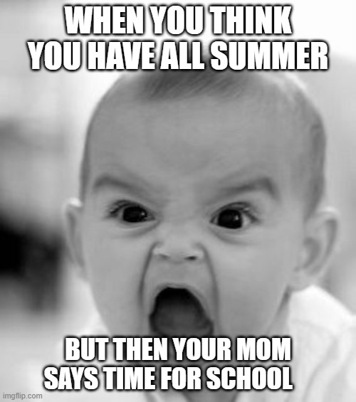 Angry Baby Meme | WHEN YOU THINK YOU HAVE ALL SUMMER; BUT THEN YOUR MOM SAYS TIME FOR SCHOOL | image tagged in memes,angry baby | made w/ Imgflip meme maker