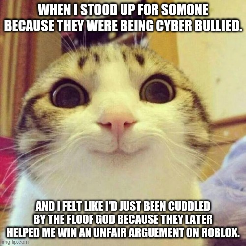 Smiling Cat Meme | WHEN I STOOD UP FOR SOMONE BECAUSE THEY WERE BEING CYBER BULLIED. AND I FELT LIKE I'D JUST BEEN CUDDLED BY THE FLOOF GOD BECAUSE THEY LATER HELPED ME WIN AN UNFAIR ARGUEMENT ON ROBLOX. | image tagged in memes,smiling cat | made w/ Imgflip meme maker