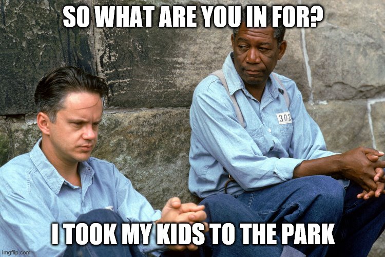 Shawshank  | SO WHAT ARE YOU IN FOR? I TOOK MY KIDS TO THE PARK | image tagged in shawshank | made w/ Imgflip meme maker