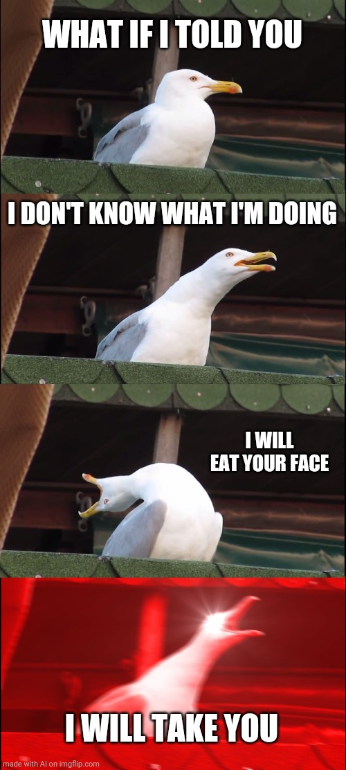 Inhaling Seagull | WHAT IF I TOLD YOU; I DON'T KNOW WHAT I'M DOING; I WILL EAT YOUR FACE; I WILL TAKE YOU | image tagged in memes,inhaling seagull | made w/ Imgflip meme maker