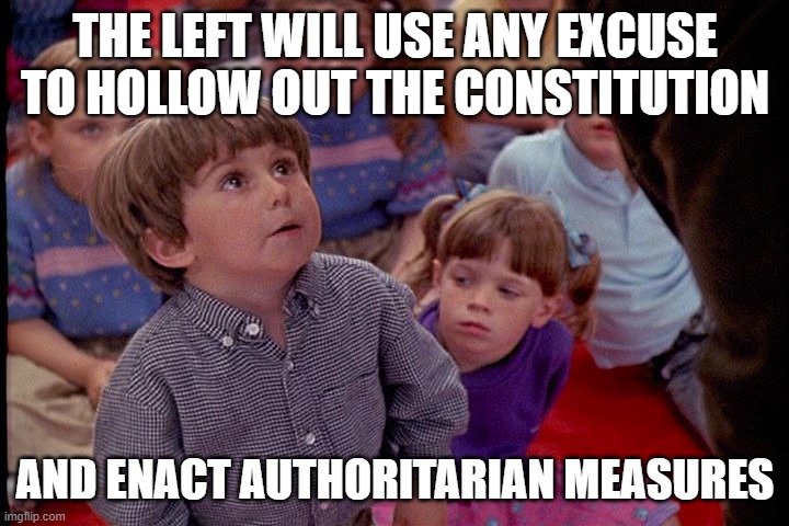 Kindergarten Cop Kid | THE LEFT WILL USE ANY EXCUSE TO HOLLOW OUT THE CONSTITUTION AND ENACT AUTHORITARIAN MEASURES | image tagged in kindergarten cop kid | made w/ Imgflip meme maker