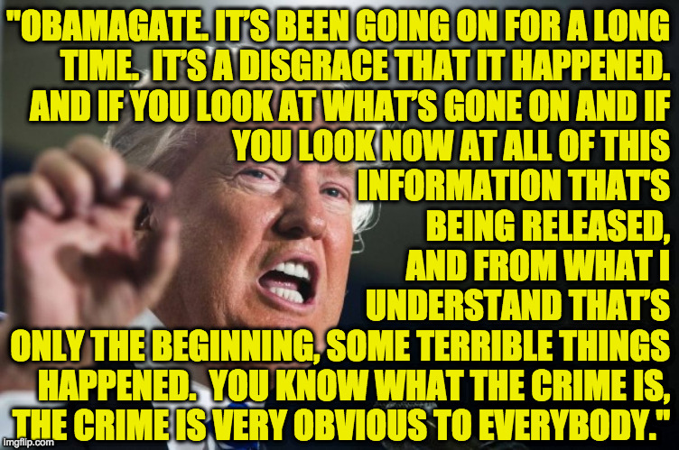 donald trump | "OBAMAGATE. IT’S BEEN GOING ON FOR A LONG
TIME.  IT’S A DISGRACE THAT IT HAPPENED.
AND IF YOU LOOK AT WHAT’S GONE ON AND IF
YOU LOOK NOW AT  | image tagged in donald trump | made w/ Imgflip meme maker