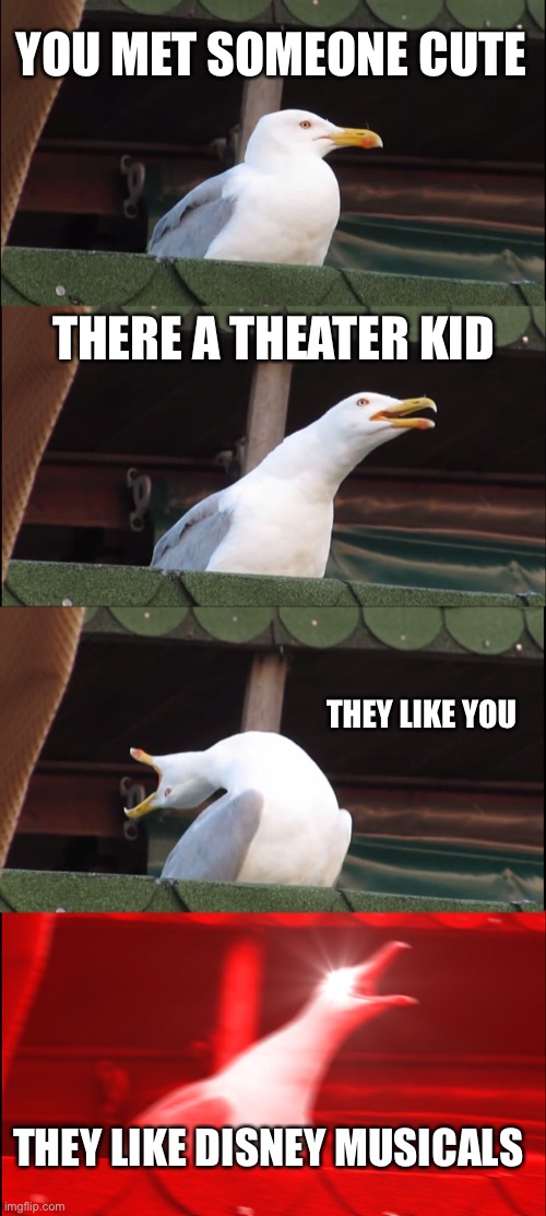 Inhaling Seagull | YOU MET SOMEONE CUTE; THERE A THEATER KID; THEY LIKE YOU; THEY LIKE DISNEY MUSICALS | image tagged in memes,inhaling seagull | made w/ Imgflip meme maker