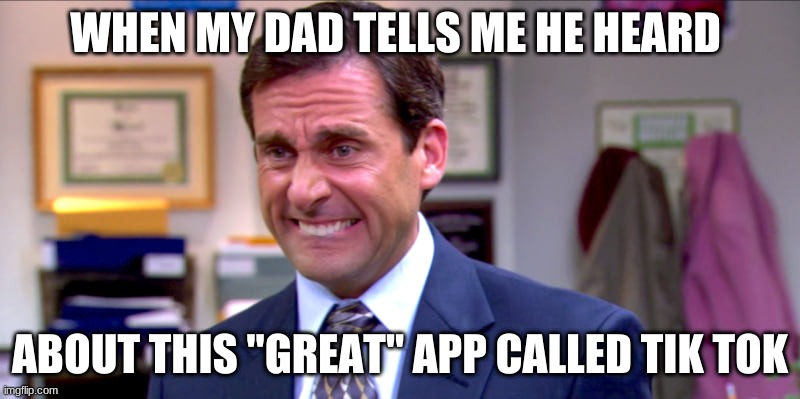 I spent the entire ride to school(ew) convincing him of it's treachery | WHEN MY DAD TELLS ME HE HEARD; ABOUT THIS "GREAT" APP CALLED TIK TOK | image tagged in micheal scott yikes | made w/ Imgflip meme maker