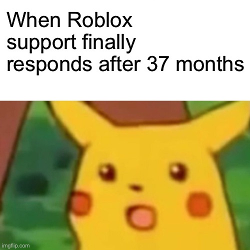 Mine still needs some time | When Roblox support finally responds after 37 months | image tagged in memes,surprised pikachu | made w/ Imgflip meme maker