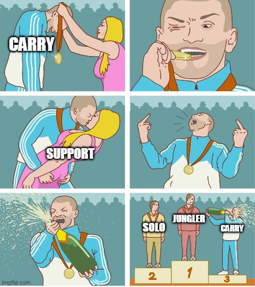 A Carry Always Thinks They're The Best | CARRY; SUPPORT; JUNGLER; CARRY; SOLO | image tagged in 3rd place celebration,smite,meme,funny | made w/ Imgflip meme maker