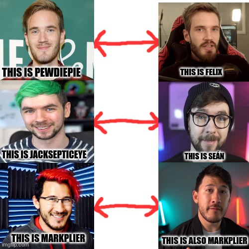 so i did another thing | THIS IS PEWDIEPIE; THIS IS FELIX; THIS IS JACKSEPTICEYE; THIS IS SEÁN; THIS IS MARKPLIER; THIS IS ALSO MARKPLIER | image tagged in blank | made w/ Imgflip meme maker