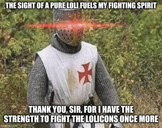 Growing Stronger Crusader | THE SIGHT OF A PURE LOLI FUELS MY FIGHTING SPIRIT THANK YOU, SIR, FOR I HAVE THE STRENGTH TO FIGHT THE LOLICONS ONCE MORE | image tagged in growing stronger crusader | made w/ Imgflip meme maker