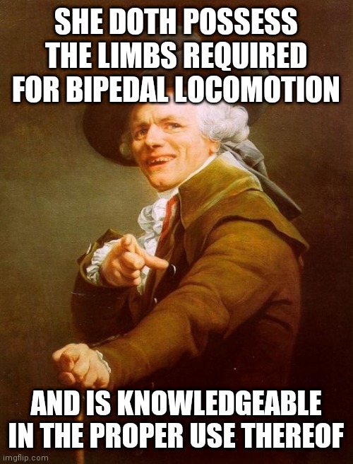 Verily, she hath never pitifully requested aid from strangers | SHE DOTH POSSESS THE LIMBS REQUIRED FOR BIPEDAL LOCOMOTION; AND IS KNOWLEDGEABLE IN THE PROPER USE THEREOF | image tagged in memes,joseph ducreux,zz top,legs | made w/ Imgflip meme maker