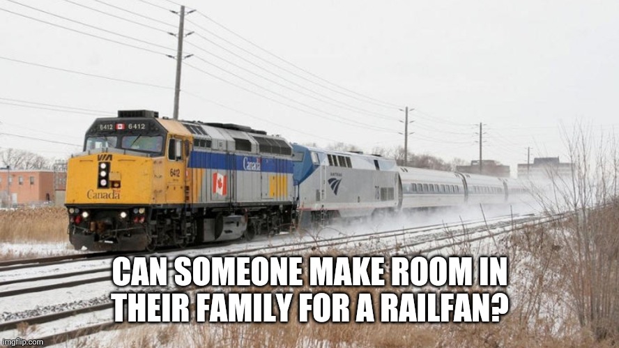 Via Rail Leading Amtrak | CAN SOMEONE MAKE ROOM IN THEIR FAMILY FOR A RAILFAN? | image tagged in via rail leading amtrak | made w/ Imgflip meme maker