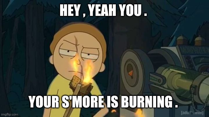 Morty | HEY , YEAH YOU . YOUR S'MORE IS BURNING . | image tagged in morty | made w/ Imgflip meme maker