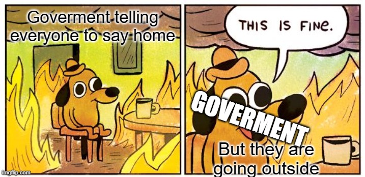 The Government with Coronavirus | Goverment telling everyone to say home; GOVERMENT; But they are going outside | image tagged in memes,this is fine | made w/ Imgflip meme maker