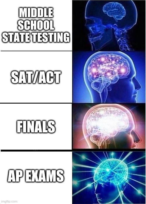 Expanding Brain Meme | MIDDLE SCHOOL STATE TESTING; SAT/ACT; FINALS; AP EXAMS | image tagged in memes,expanding brain | made w/ Imgflip meme maker