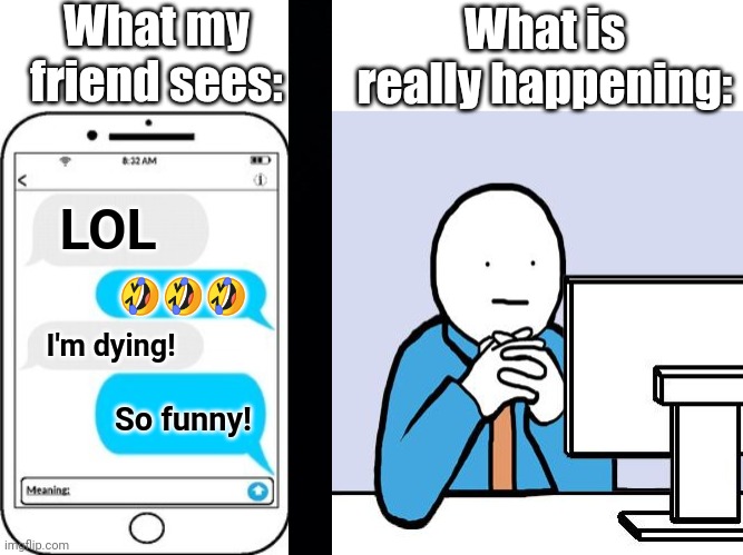 The reality behind it | What my friend sees:; What is really happening:; LOL; 🤣🤣🤣; I'm dying! So funny! | image tagged in blank face,text message | made w/ Imgflip meme maker