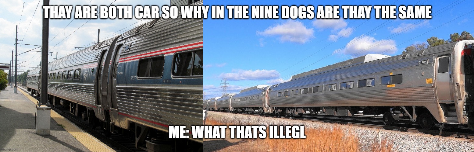 whan amtrak had made an wong trun | THAY ARE BOTH CAR SO WHY IN THE NINE DOGS ARE THAY THE SAME; ME: WHAT THATS ILLEGL | image tagged in trains,de wae,oof | made w/ Imgflip meme maker