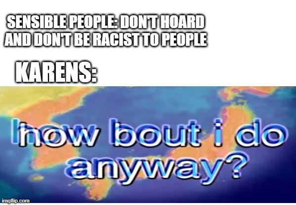 SENSIBLE PEOPLE: DON'T HOARD AND DON'T BE RACIST TO PEOPLE KARENS: | made w/ Imgflip meme maker