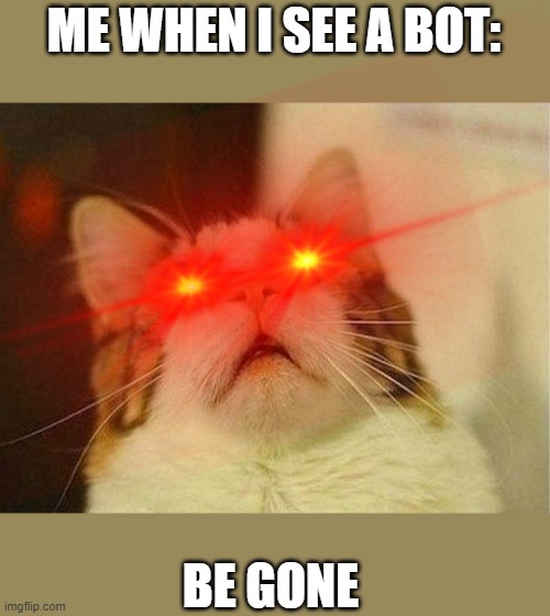 Be gone bots!!! | ME WHEN I SEE A BOT:; BE GONE | image tagged in memes,scared cat,be gone thot,bot,spam,imgflip | made w/ Imgflip meme maker