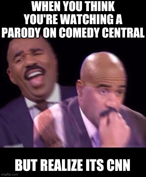Steve Harvey Laughing Serious | WHEN YOU THINK YOU'RE WATCHING A PARODY ON COMEDY CENTRAL; BUT REALIZE ITS CNN | image tagged in steve harvey laughing serious | made w/ Imgflip meme maker