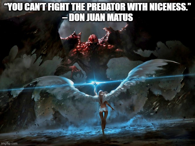 “You can’t fight the predator with niceness.” – Don Juan Matus | “YOU CAN’T FIGHT THE PREDATOR WITH NICENESS.”
– DON JUAN MATUS | image tagged in angel,battles,demon | made w/ Imgflip meme maker