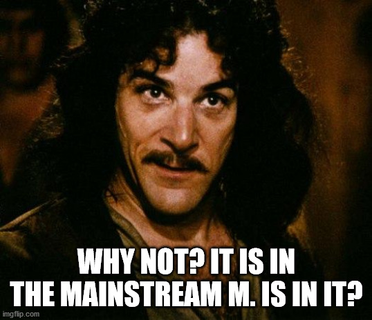 Inigo Montoya Meme | WHY NOT? IT IS IN THE MAINSTREAM M. IS IN IT? | image tagged in memes,inigo montoya | made w/ Imgflip meme maker