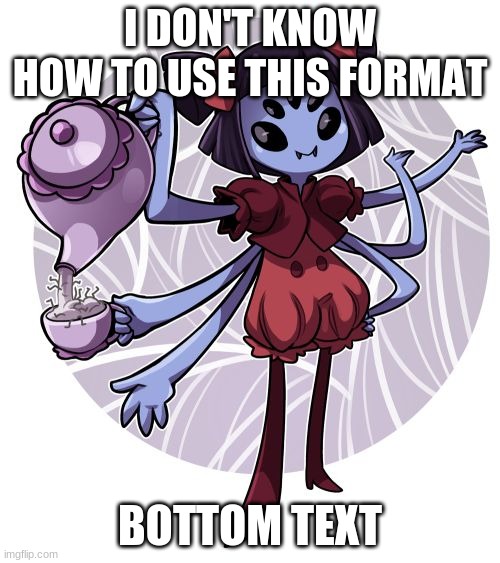 uh is it just me or is this format pretty unused | I DON'T KNOW HOW TO USE THIS FORMAT; BOTTOM TEXT | image tagged in muffet | made w/ Imgflip meme maker
