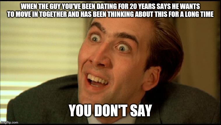 You Don't Say - Nicholas Cage | WHEN THE GUY YOU'VE BEEN DATING FOR 20 YEARS SAYS HE WANTS TO MOVE IN TOGETHER AND HAS BEEN THINKING ABOUT THIS FOR A LONG TIME; YOU DON'T SAY | image tagged in you don't say - nicholas cage | made w/ Imgflip meme maker
