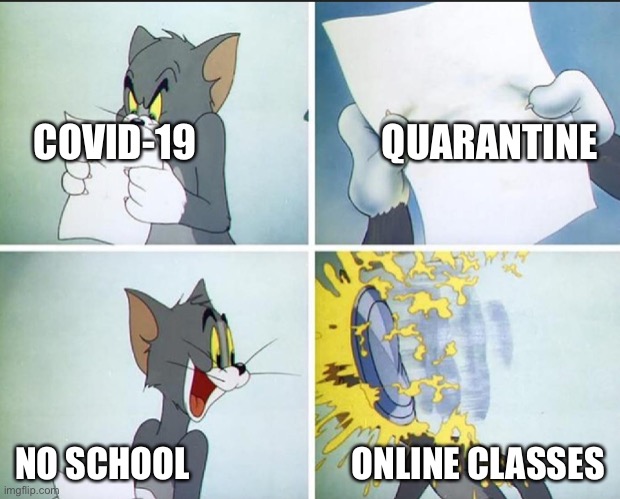 Tom and Jerry Pie. | COVID-19                        QUARANTINE; NO SCHOOL                       ONLINE CLASSES | image tagged in tom and jerry pie | made w/ Imgflip meme maker