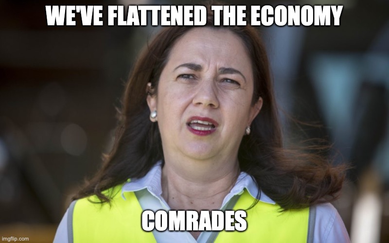 Flattening the curve | WE'VE FLATTENED THE ECONOMY; COMRADES | image tagged in comrades,covid-19,government over-reach,not all in this together,fascism | made w/ Imgflip meme maker