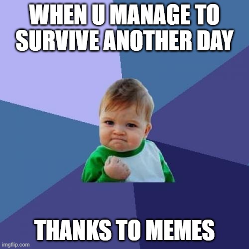 i realized that this meme had the same title as one of my other memes, so i changed it | WHEN U MANAGE TO SURVIVE ANOTHER DAY; THANKS TO MEMES | image tagged in memes,success kid | made w/ Imgflip meme maker