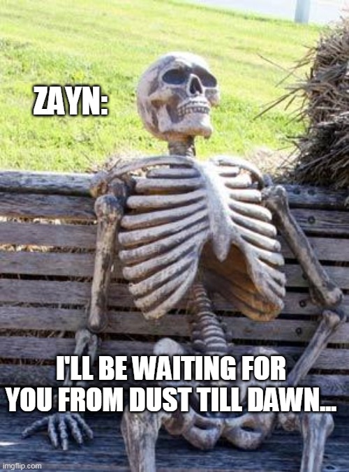 Waiting Skeleton | ZAYN:; I'LL BE WAITING FOR YOU FROM DUST TILL DAWN... | image tagged in memes,waiting skeleton | made w/ Imgflip meme maker