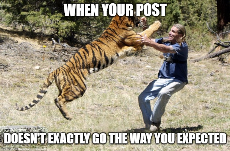 when your post doesn't exactly go the way you expected | WHEN YOUR POST; DOESN'T EXACTLY GO THE WAY YOU EXPECTED | image tagged in savage,tiger,post,train wreck | made w/ Imgflip meme maker
